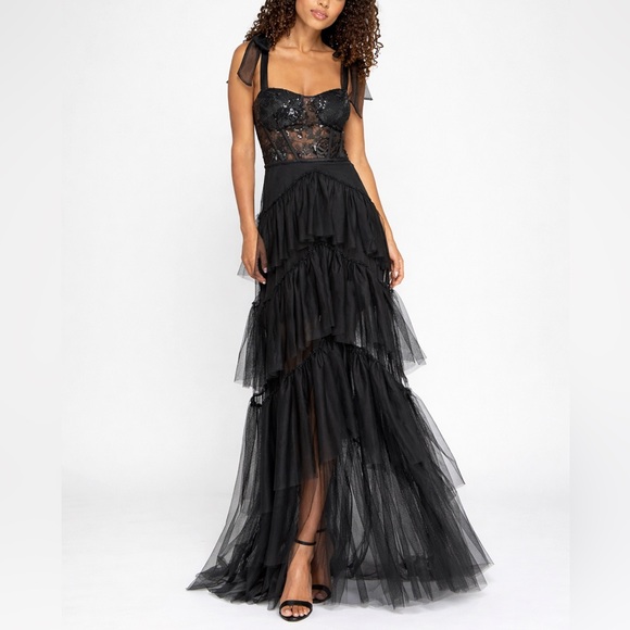 City Studio Dresses & Skirts - 🆕🖤 City Studio Black Lace Corset Tulle Maxi Dress Prom Ruffle Tiered Size 9/10